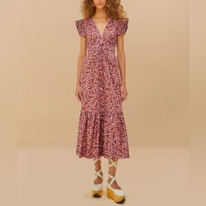 NWT Farm Rio Tiny Yard Brown Butterfly Midi Dress Floral Beaded V-Neck Women’s L